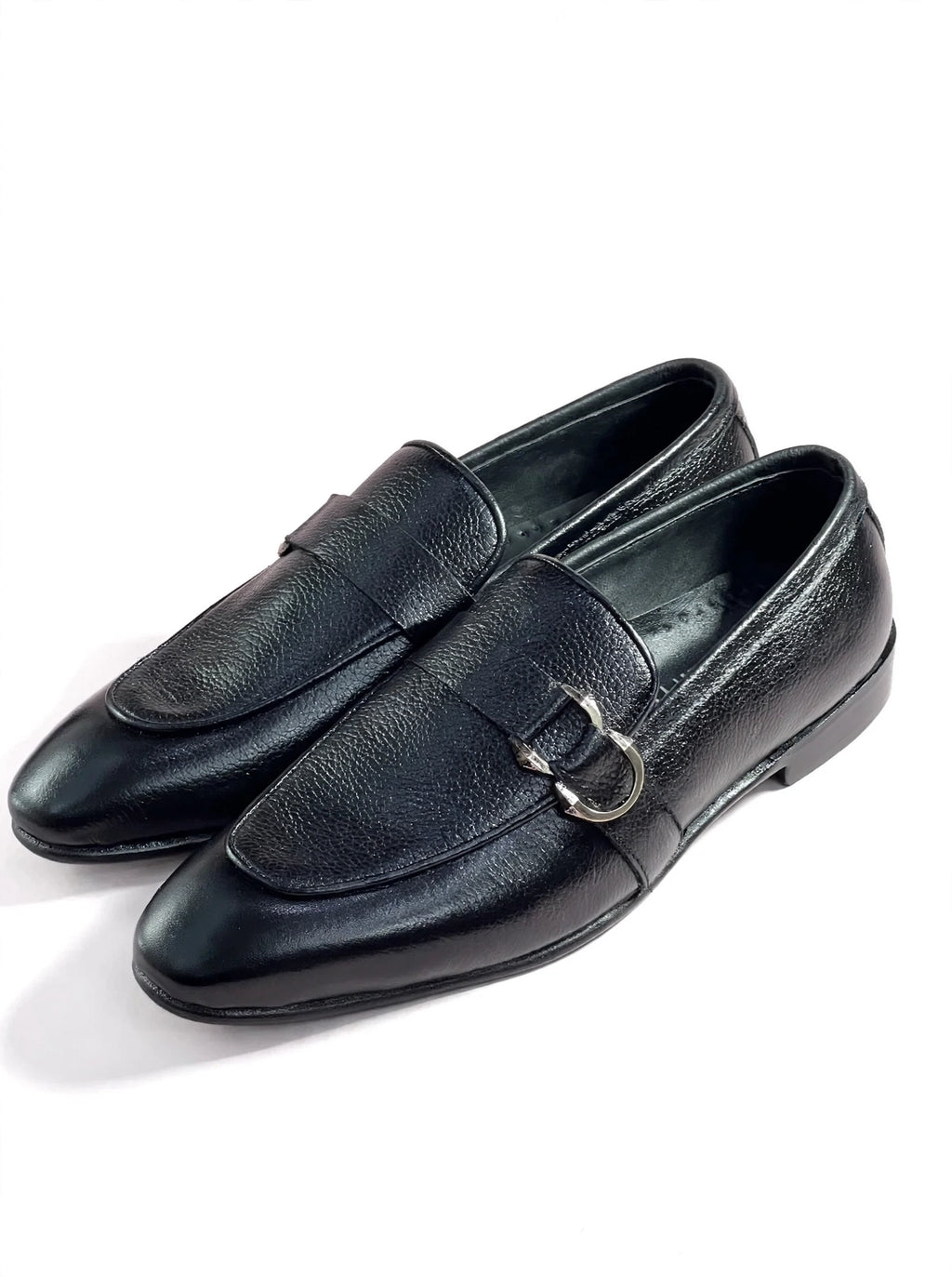 Men's Black Pebbled Leather Loafers with Silver Buckle Detail
