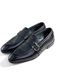 Men's Black Pebbled Leather Loafers with Silver Buckle Detail