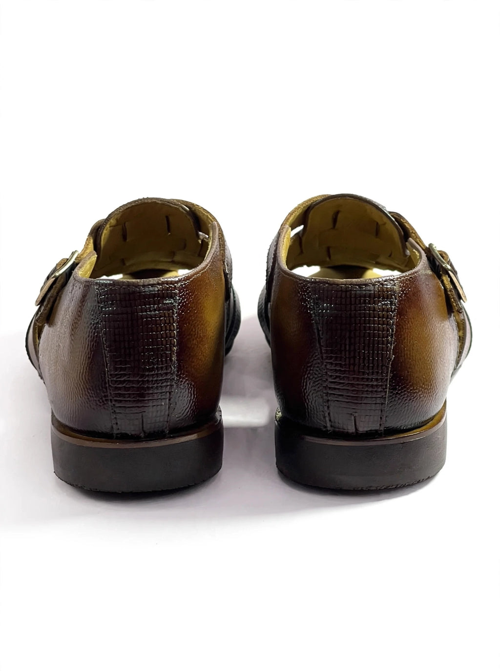 Men's Brown Textured Leather Woven Sandals with Buckle Strap
