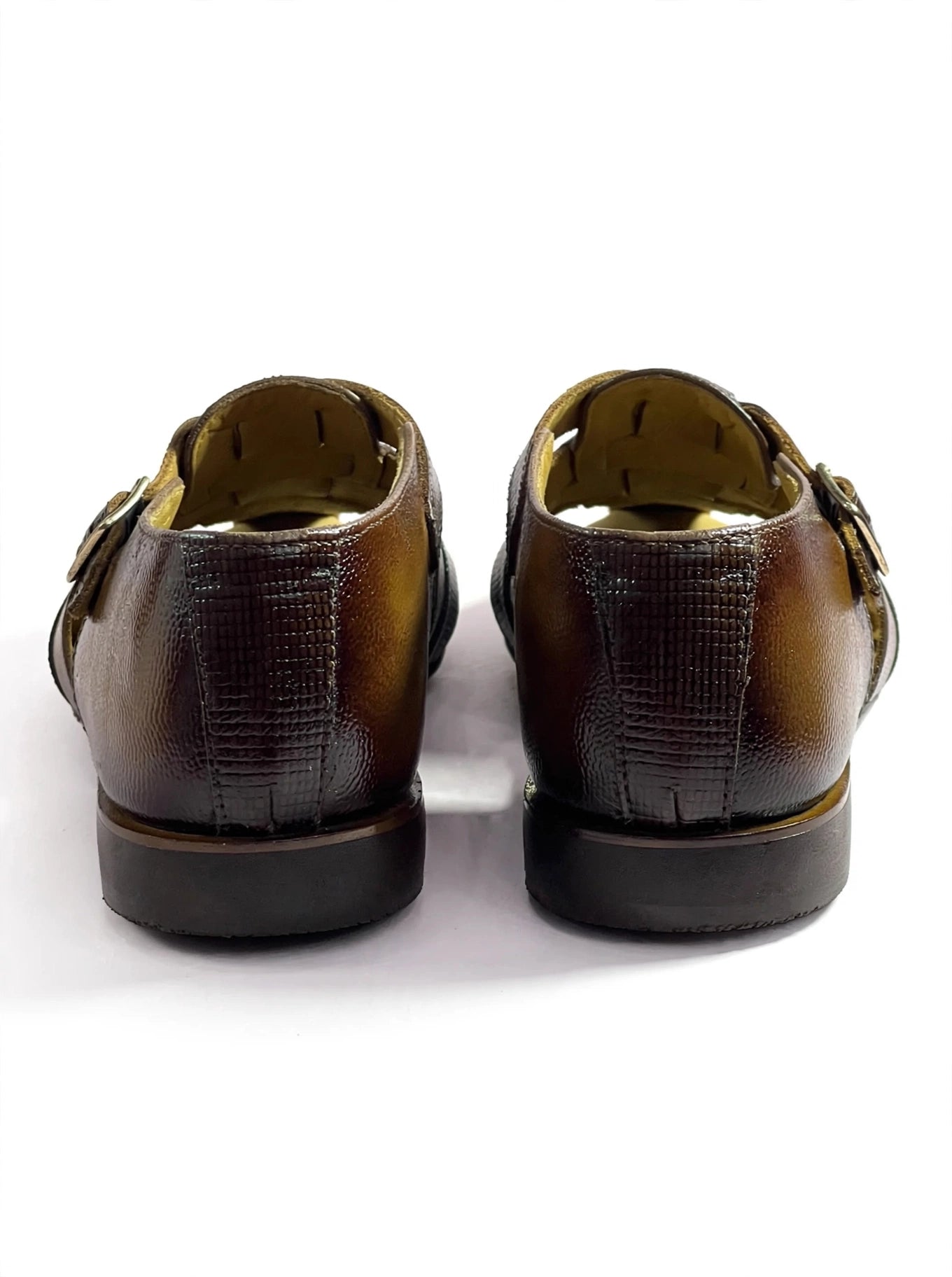 Men's Brown Textured Leather Woven Sandals with Buckle Strap
