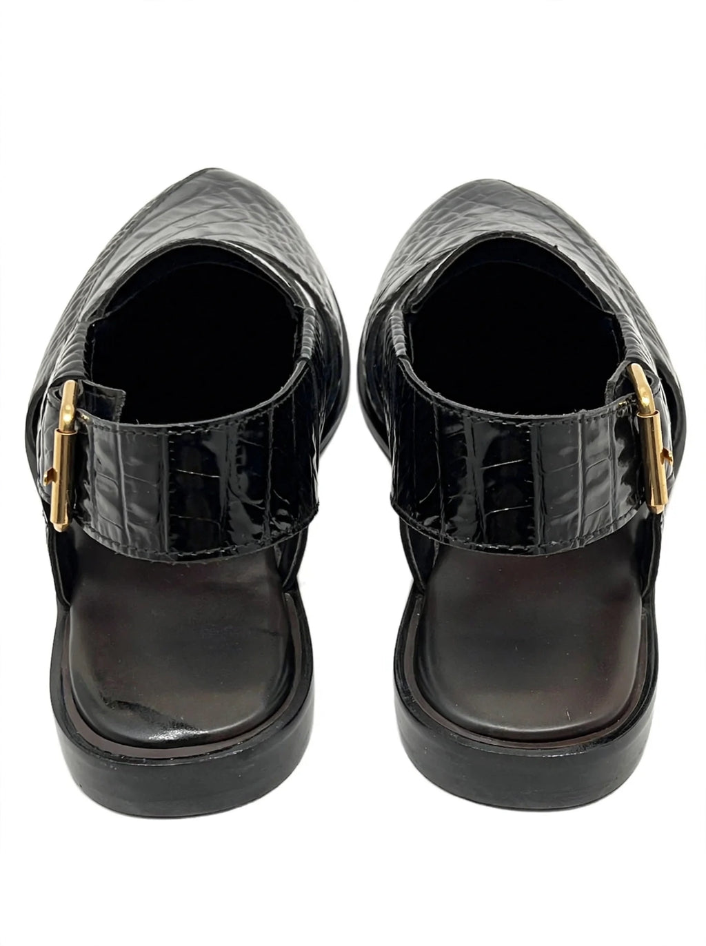 Premium Black Crocodile Texture Peshawari Chappal | Glossy Leather | Gold Buckle | Traditional Handmade