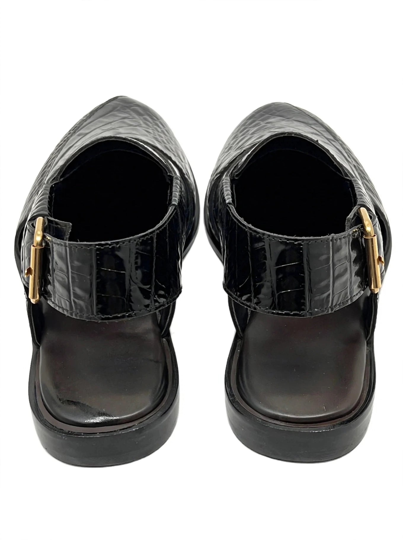 Premium Black Crocodile Texture Peshawari Chappal | Glossy Leather | Gold Buckle | Traditional Handmade