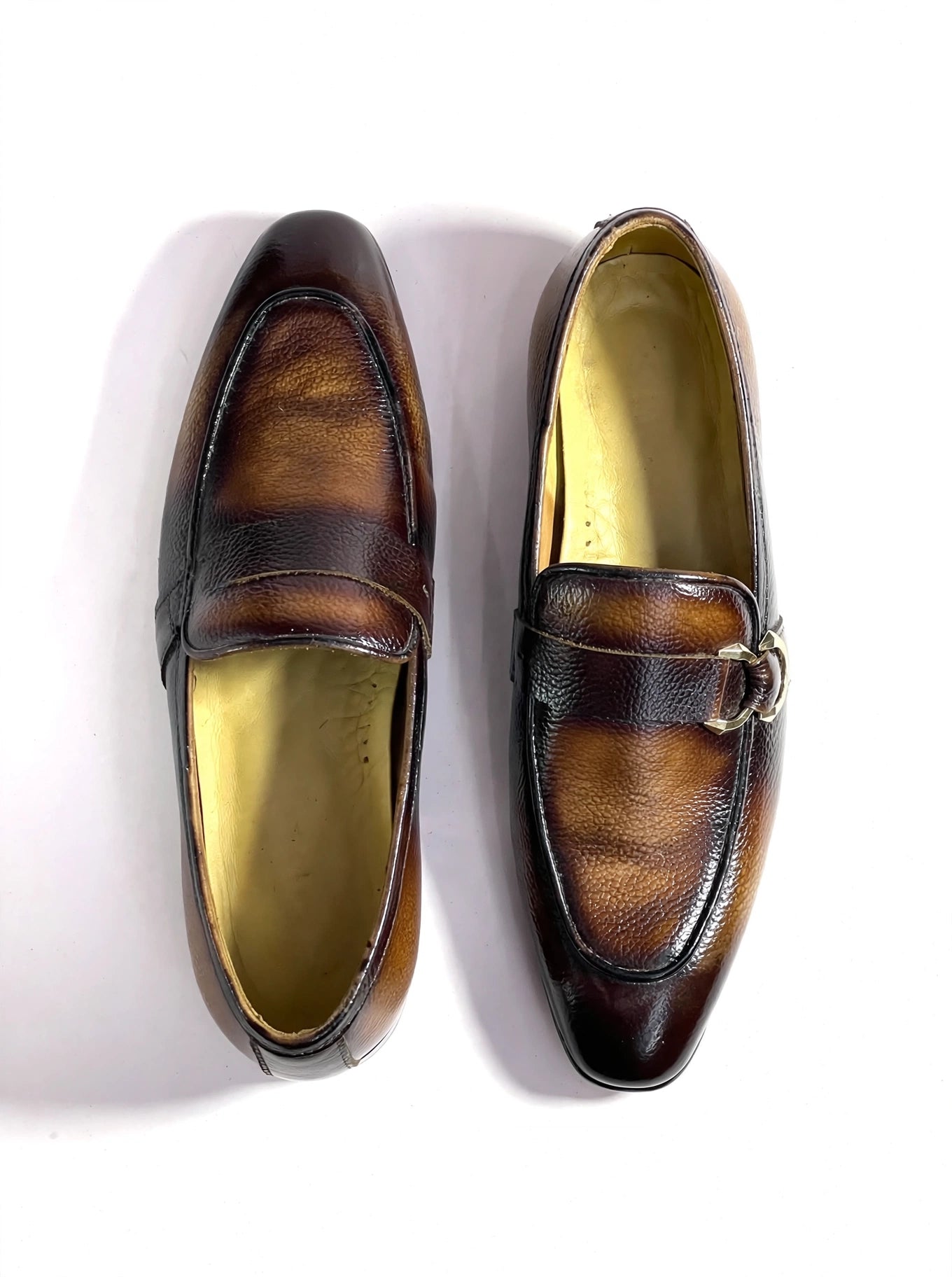 Men's Two-Tone Burnished Leather Loafers with Gold Buckle - Handcrafted Dress Shoes
