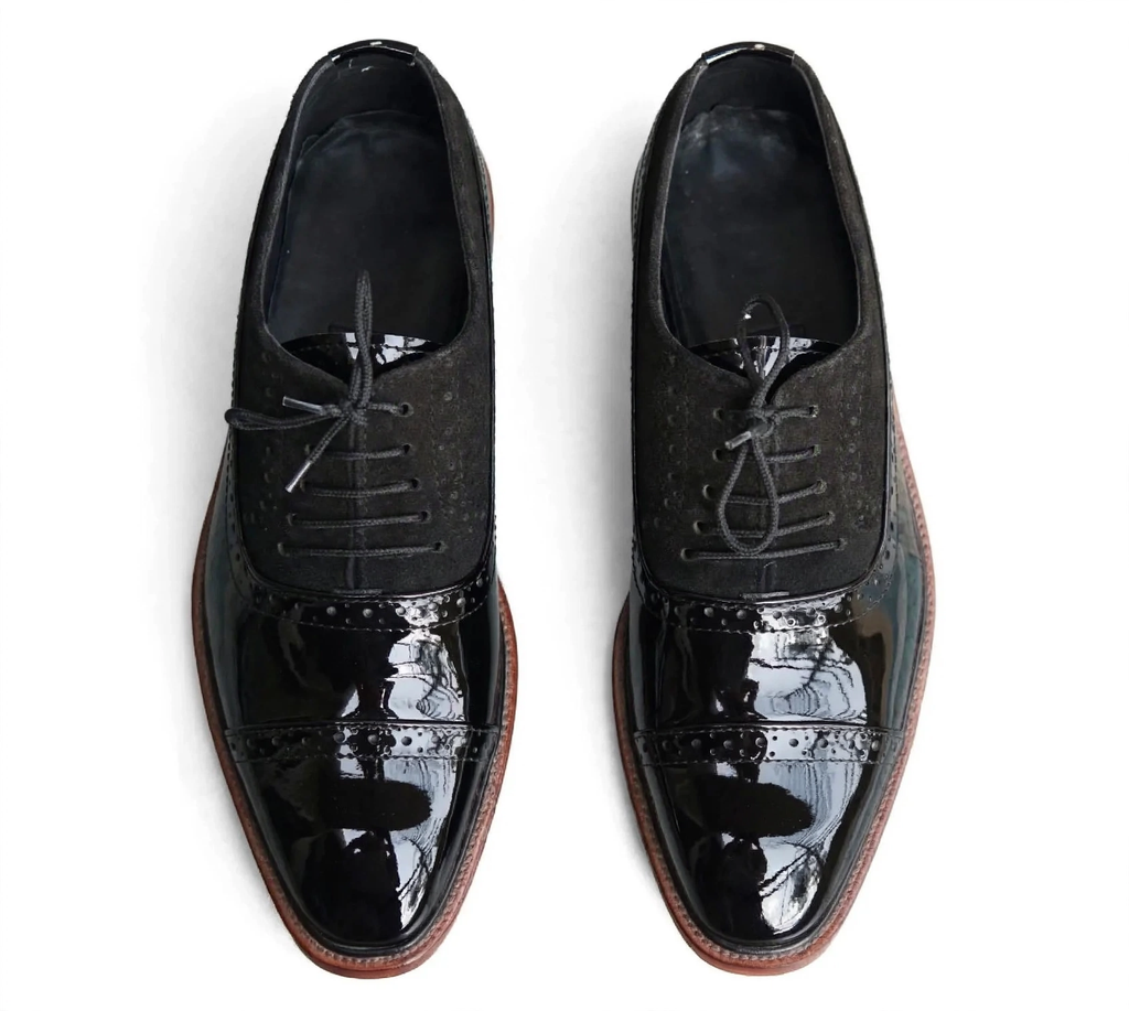 Aelito Men's Black Patent & Suede Cap-Toe Oxford Dress Shoes