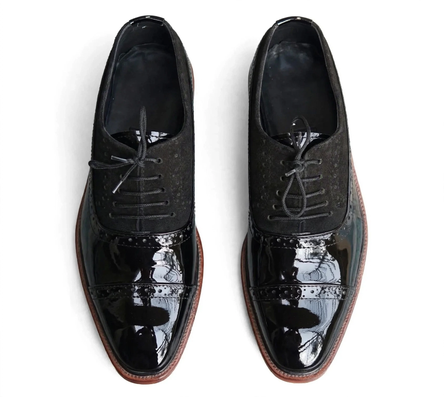 Aelito Men's Black Patent & Suede Cap-Toe Oxford Dress Shoes