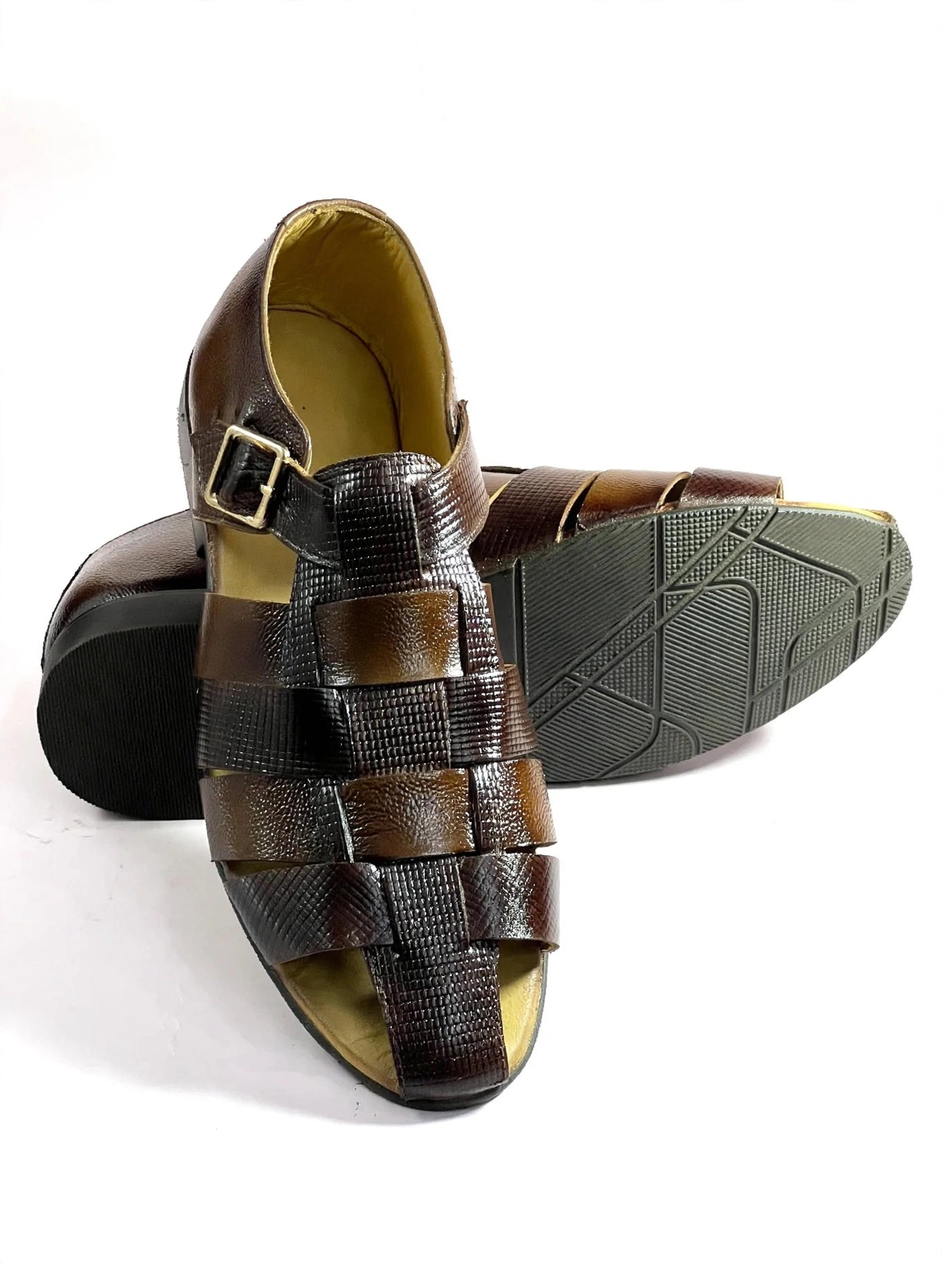 Men's Brown Textured Leather Woven Sandals with Buckle Strap