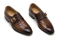 Men's Brown Crocodile Monk Strap Loafers - Glossy Formal Dress Shoes with Gold Buckle | Handcrafted Luxury