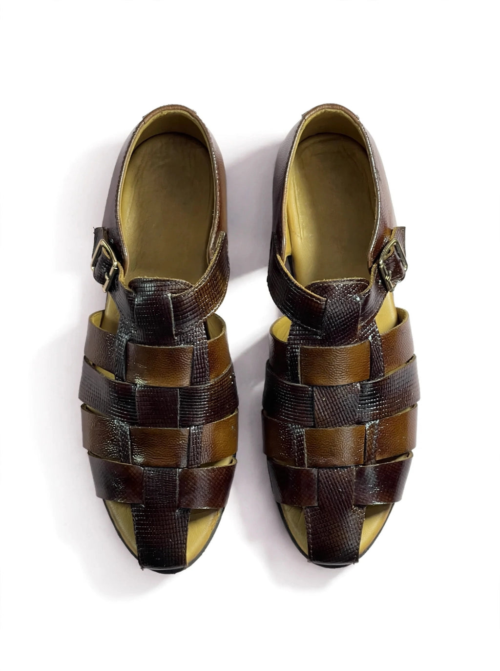 Men's Brown Textured Leather Woven Sandals with Buckle Strap