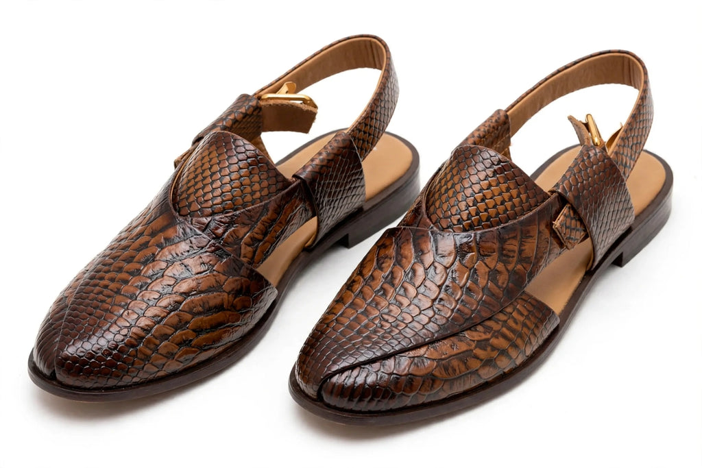 Men's Brown Python Peshawari - Crocodile Snakeskin Embossed P-Cap Chappal with Buckle Strap | Glossy Edition