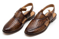 Men's Brown Python Peshawari - Crocodile Snakeskin Embossed P-Cap Chappal with Buckle Strap | Glossy Edition